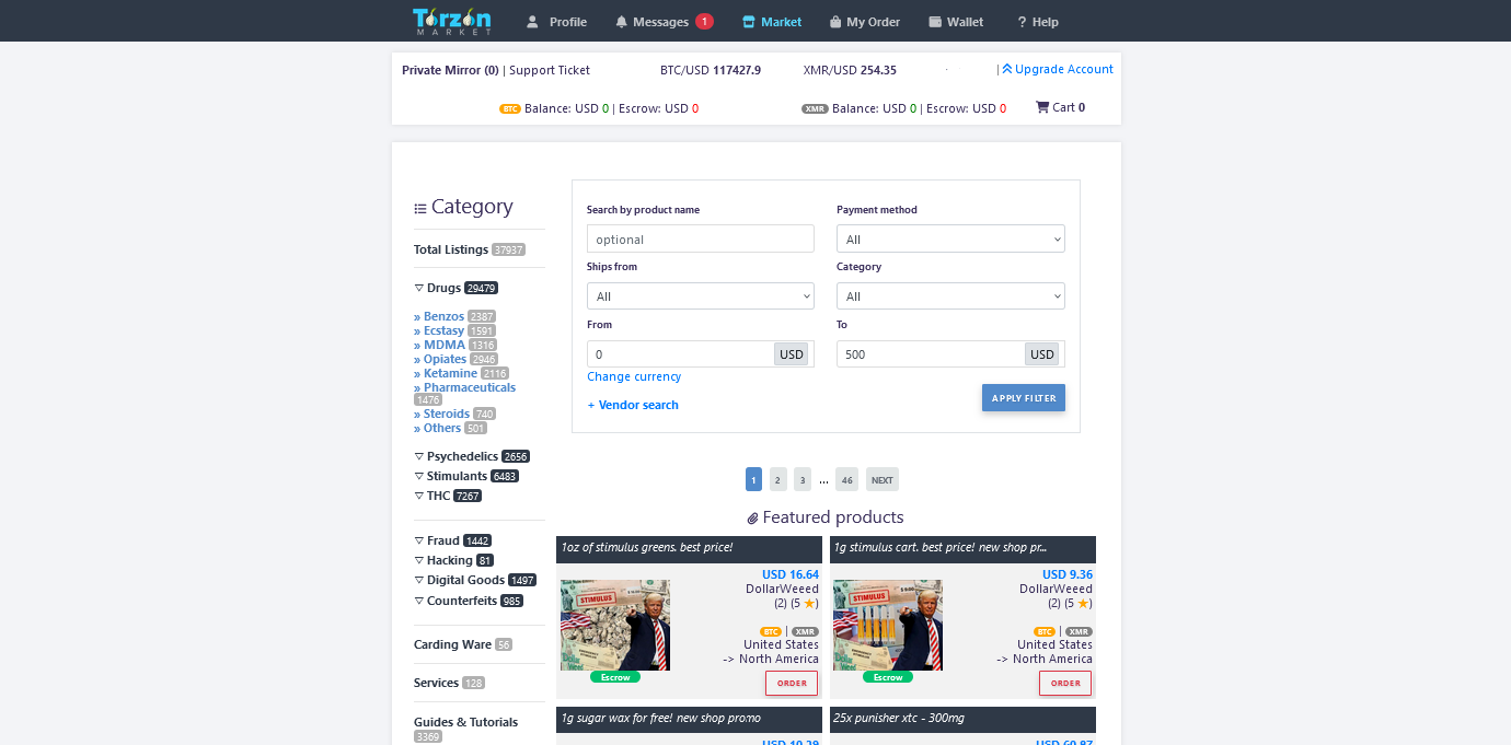 Torzon Market interface showing a secure, encrypted marketplace with a dark theme, featuring a grid of product listings and a prominent security verification badge